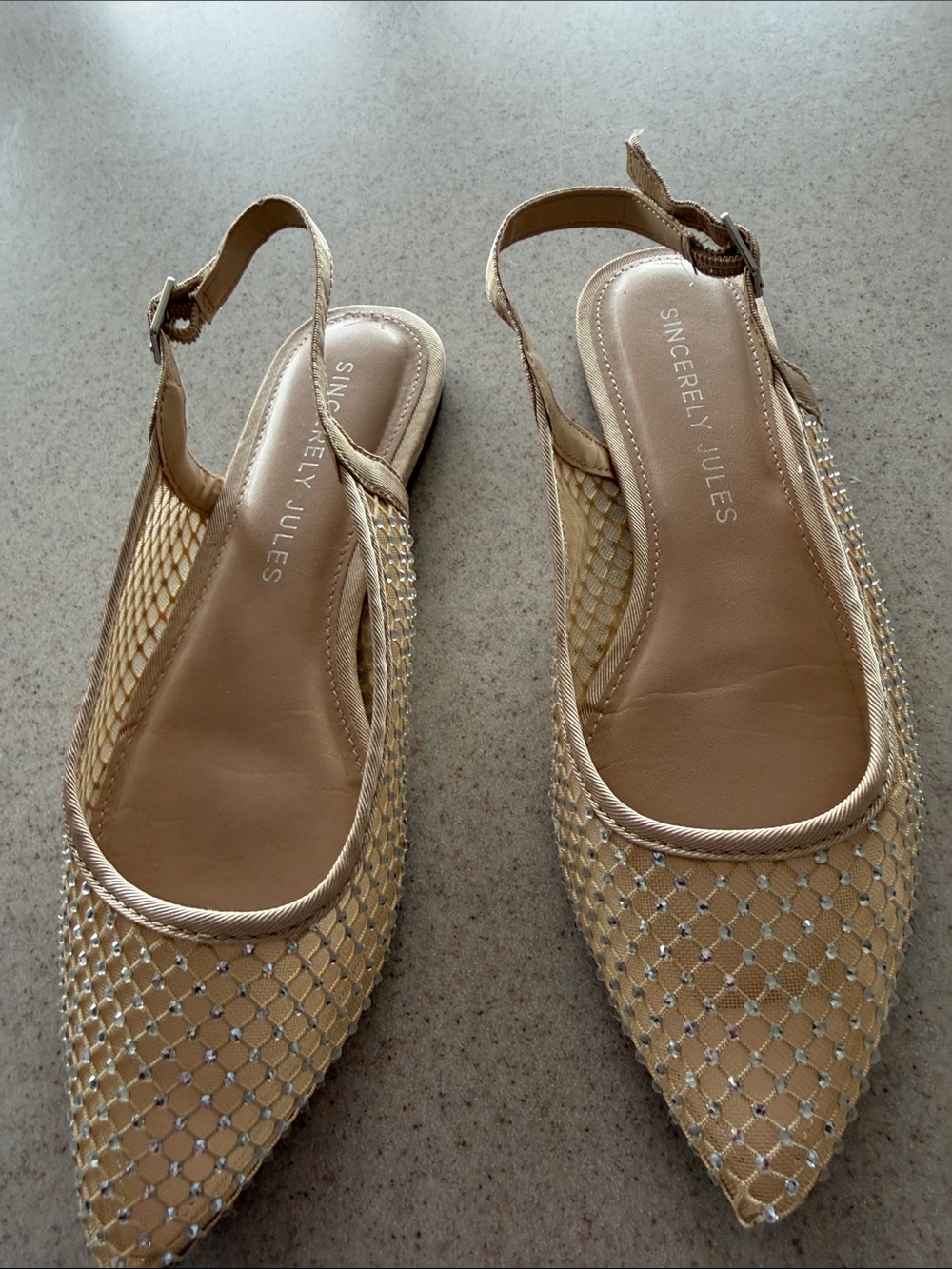 Sincerely Jules Beige Mesh Pointed Slingback Flats with Rhinestone Detail